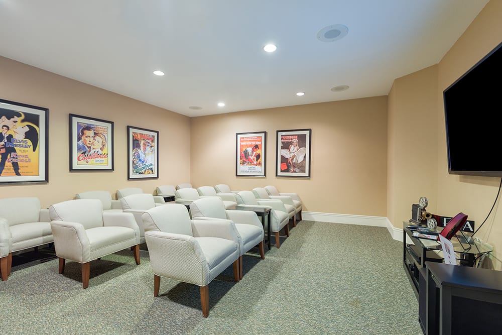 A cozy home theater with plush seating and classic movie posters on the wall.