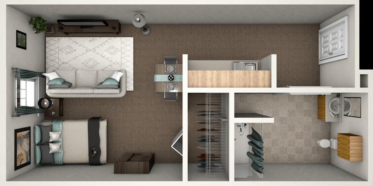 Top view of a modern bedroom with a loft bed and minimalist design.