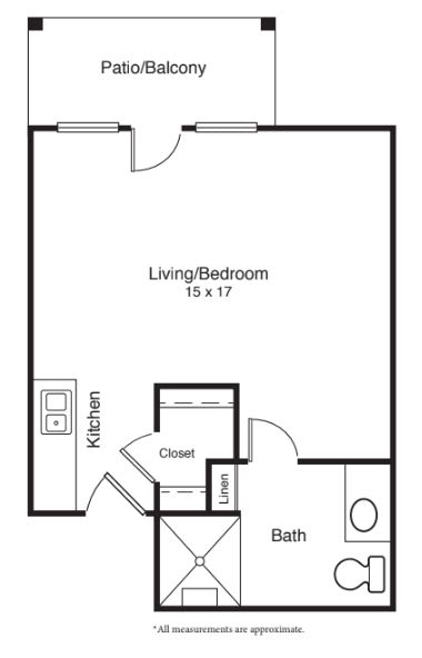 A floor plan of a studio apartment with designated areas for living, kitchen, and bathroom.