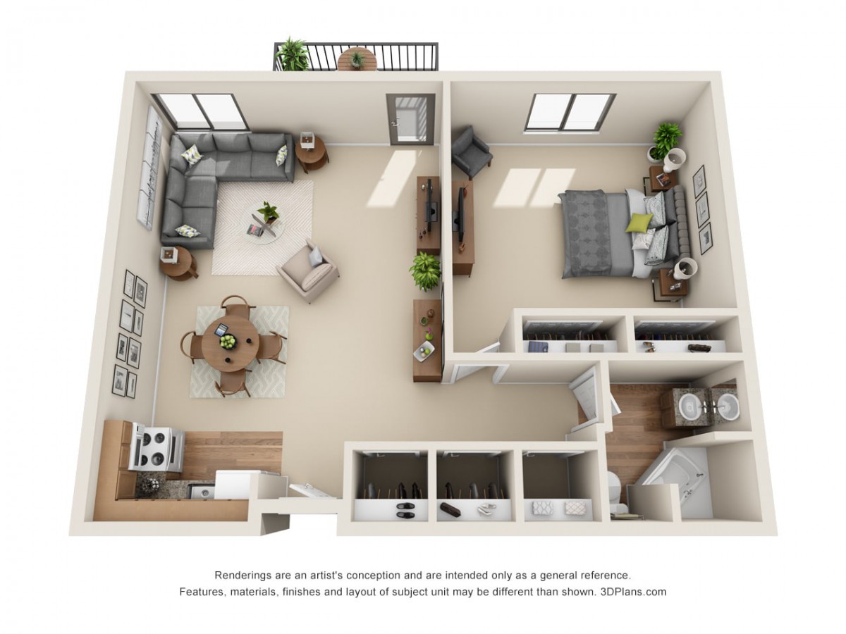 A 3D floor plan of a one-bedroom apartment, featuring a living room, bedroom, kitchen, and dining area.