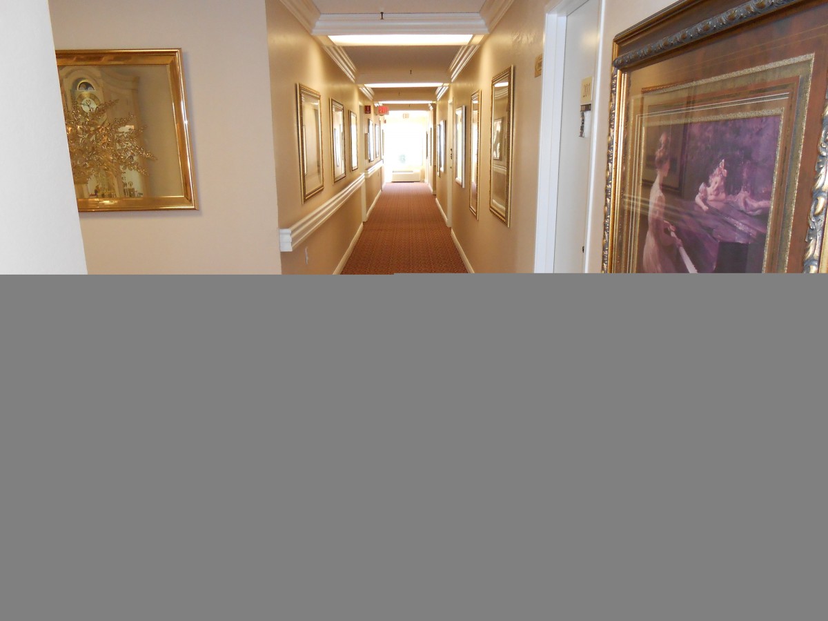 A well-lit hallway adorned with framed paintings along the walls.