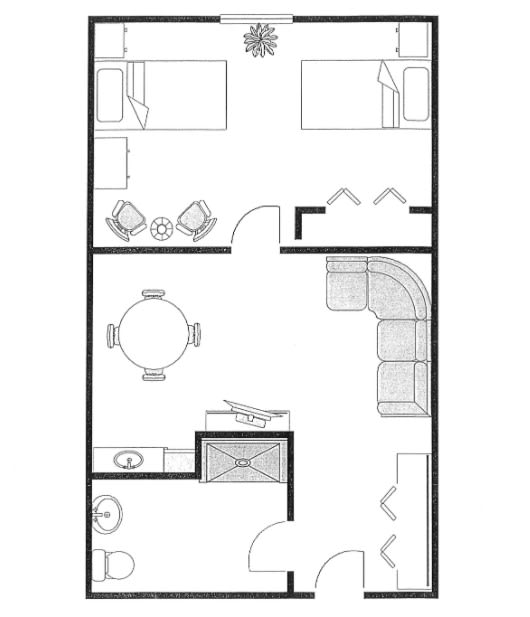 A simple architectural floor plan displaying a basic layout of rooms and furniture.