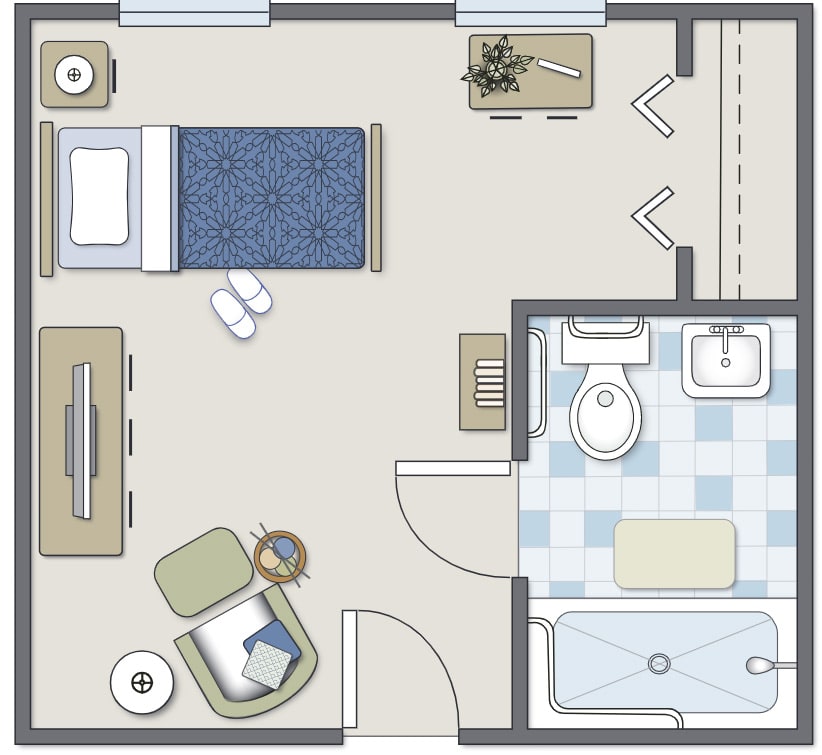 A detailed floor plan of a small apartment featuring a bedroom and a bathroom.