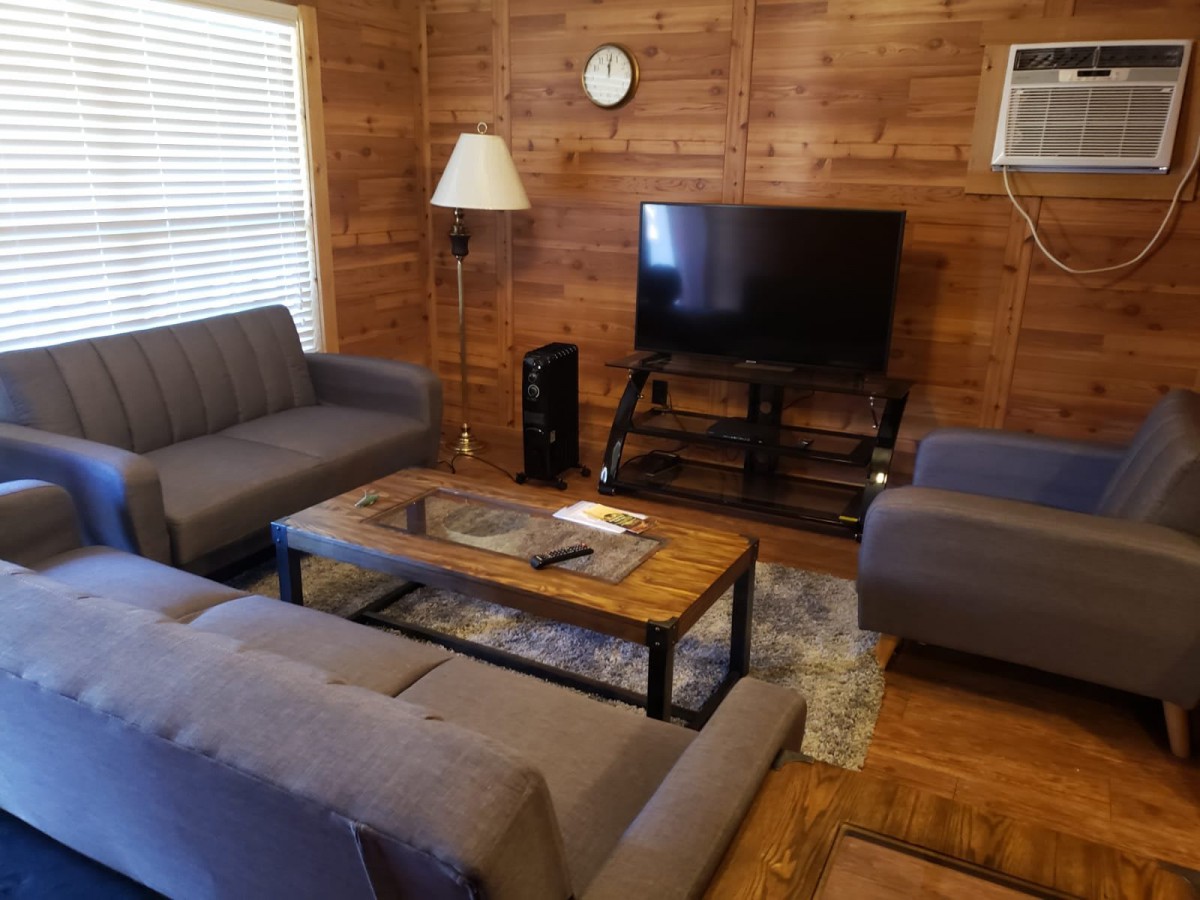 Cozy living room with wooden walls, featuring sofas, a television, and a coffee table.