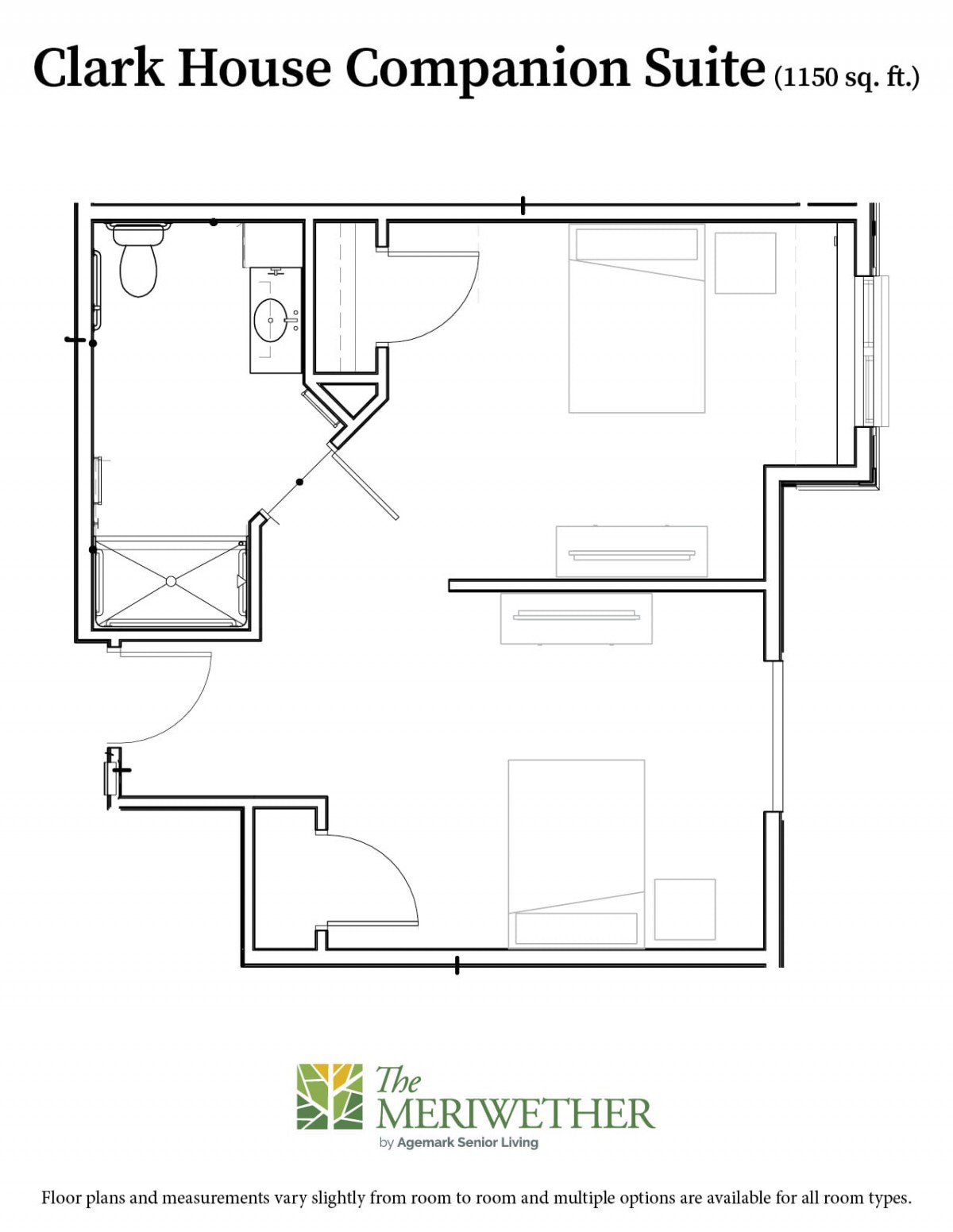 A simple floor plan featuring a small apartment layout with one bedroom, a bathroom, and a living area.