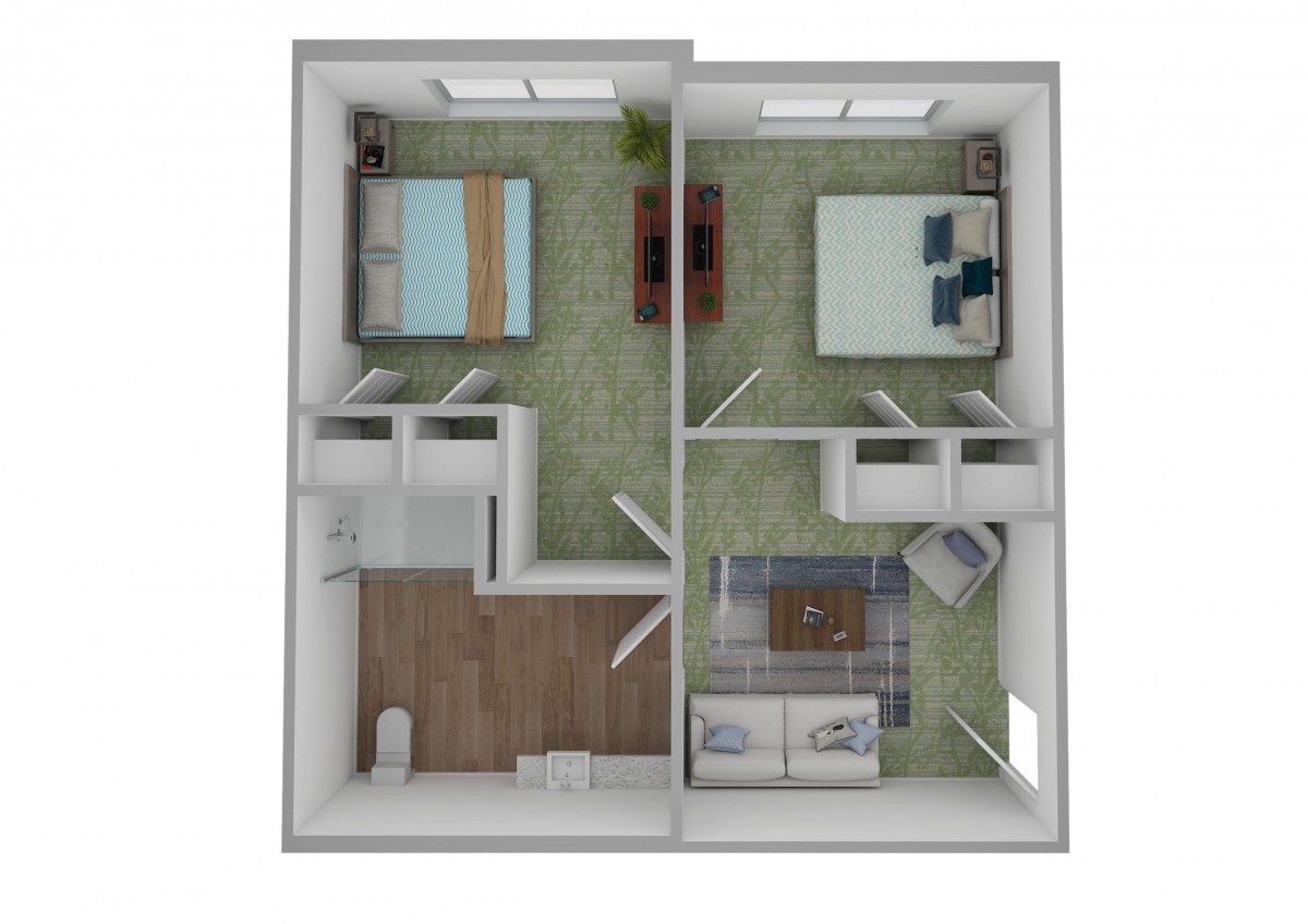 A two-bedroom apartment floor plan with a living area and kitchen.