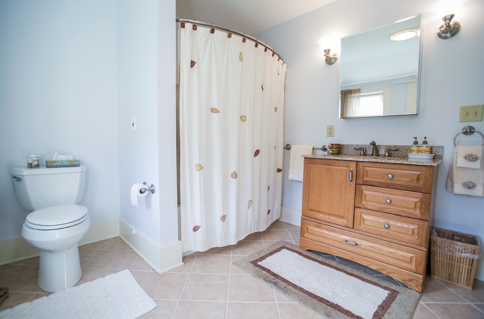 A clean and bright bathroom with a shower, toilet, and wooden vanity.