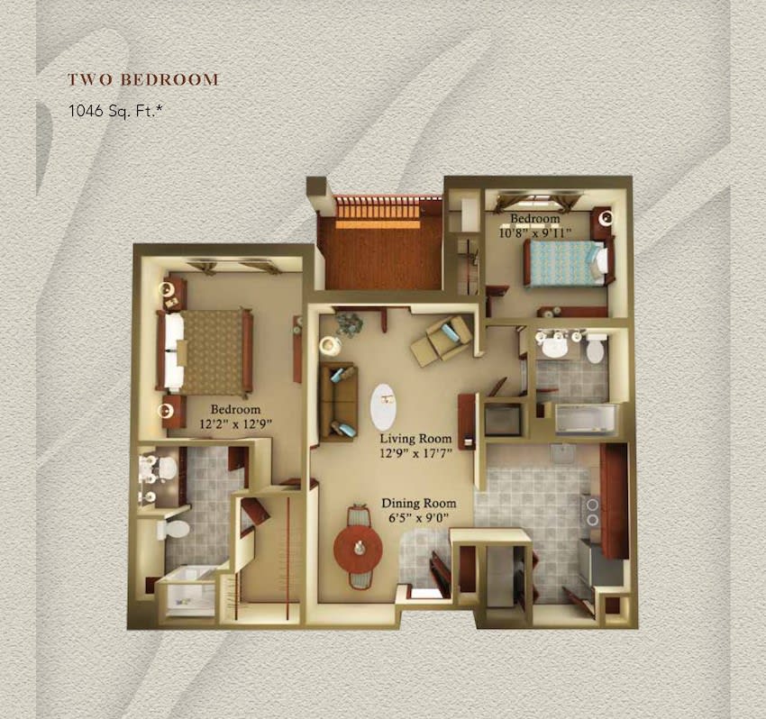 A detailed floor plan of a two-bedroom apartment showcasing room layout and interior design.