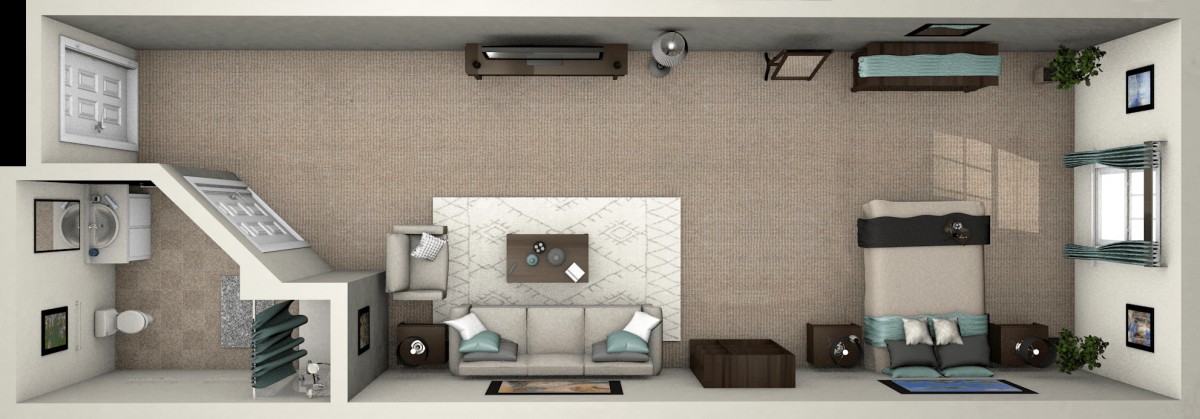 Top view of a modern living room floor plan with a sofa and coffee table.