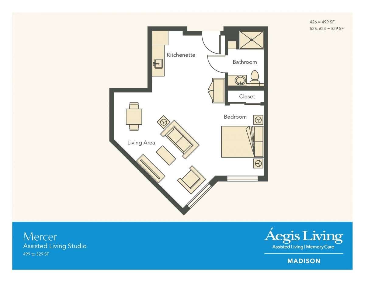 Floor plan of a one-bedroom apartment with designated areas for living, sleeping, and cooking.