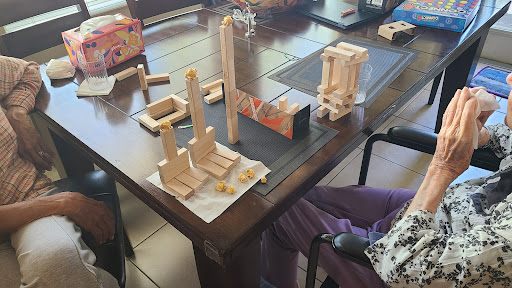 A creative building session with wooden blocks on a table.