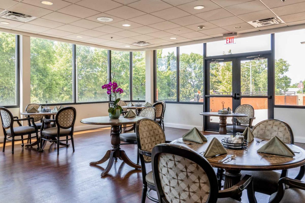 A well-lit dining area with elegant tables and chairs, featuring large windows and a plant centerpiece.