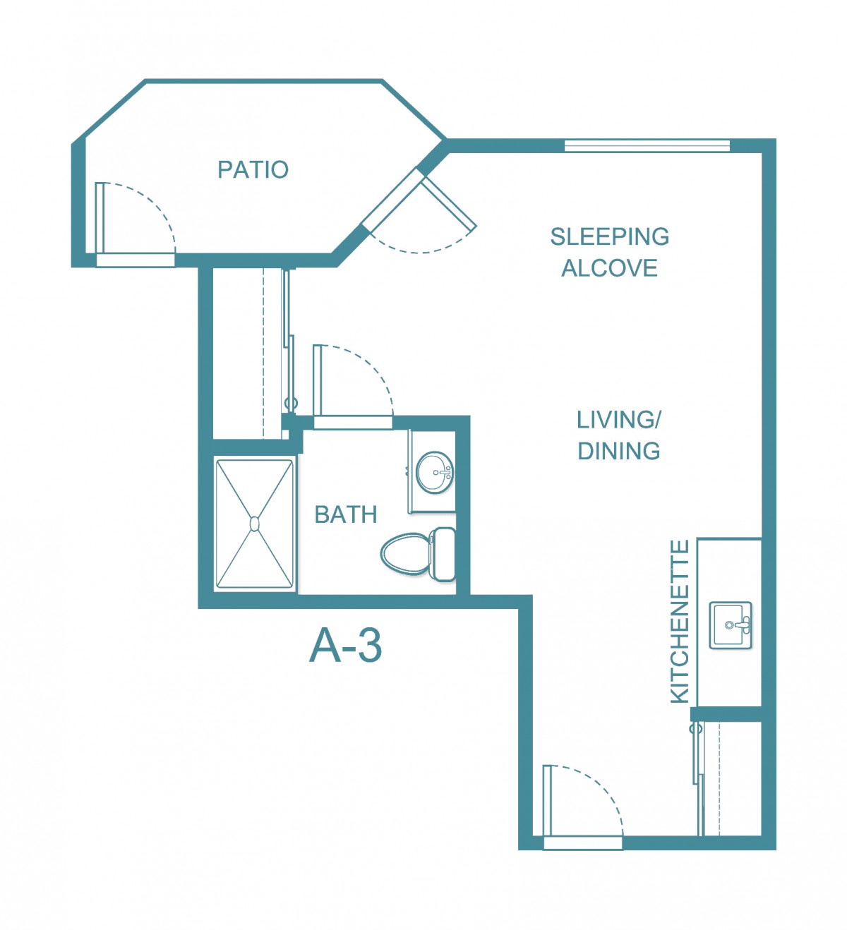 A floor plan of a studio apartment featuring a patio, sleeping alcove, living/dining area, kitchen, and bathroom.