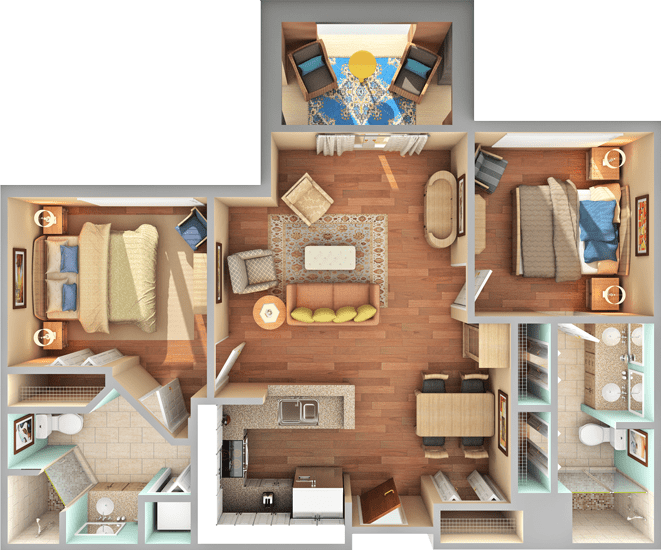 A detailed floor plan of an apartment featuring multiple rooms, including a living room, kitchen, and bedrooms.
