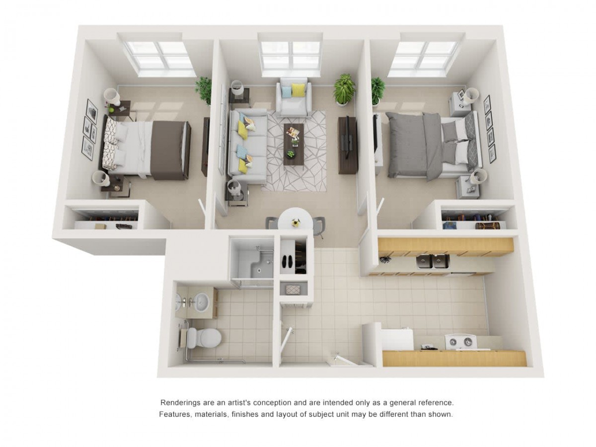 3D rendering of a two-bedroom apartment floor plan with modern decor and furniture layout.