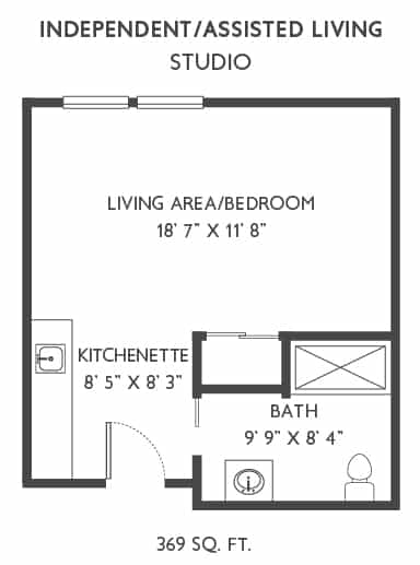 Studio apartment floor plan with kitchenette, living area/bedroom, and bath.