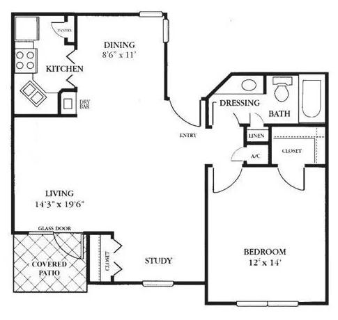 A one-bedroom apartment floor plan featuring a living room, kitchen, dining area, bathroom, study, and balcony.