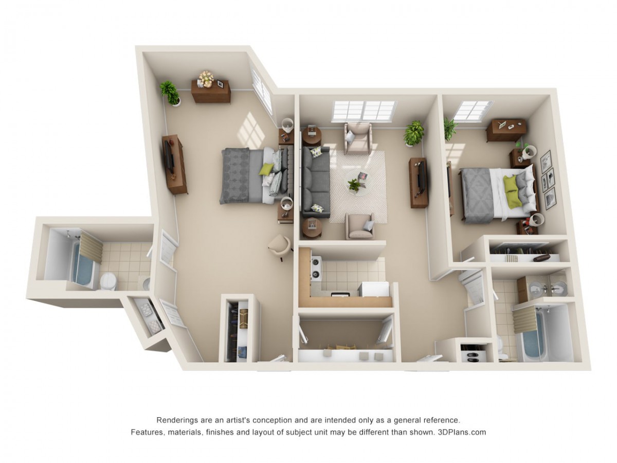 A 3D floor plan of an apartment showing a detailed layout with bedrooms, a living room, and a kitchen.