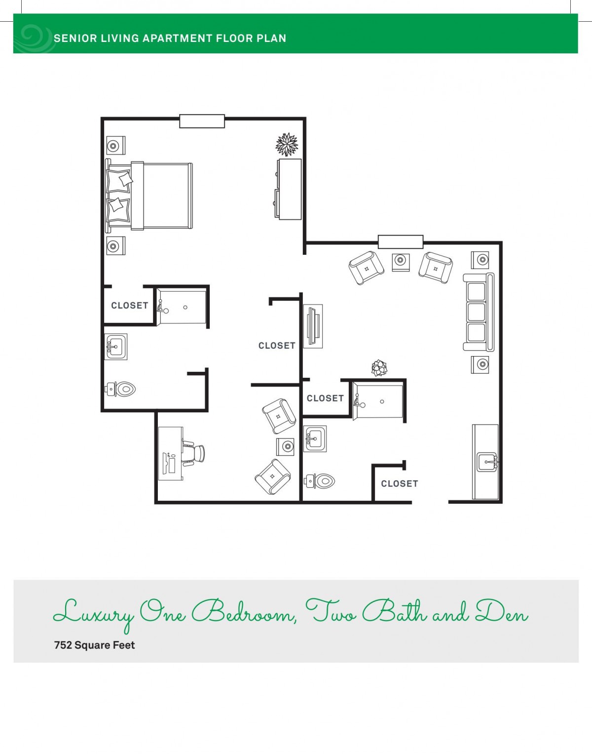 Luxury One Bedroom, Two Bath and Den - 1110 Square Feet.