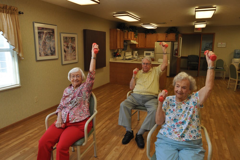 Seniors engaging in a seated exercise session with small weights.
