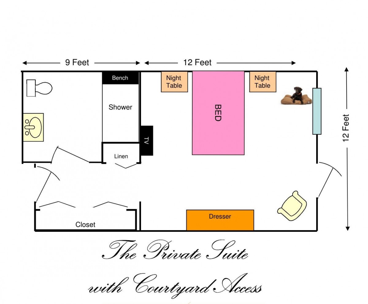 Floor plan of a private suite with courtyard access, featuring a bedroom, bathroom, and various furniture arrangements.
