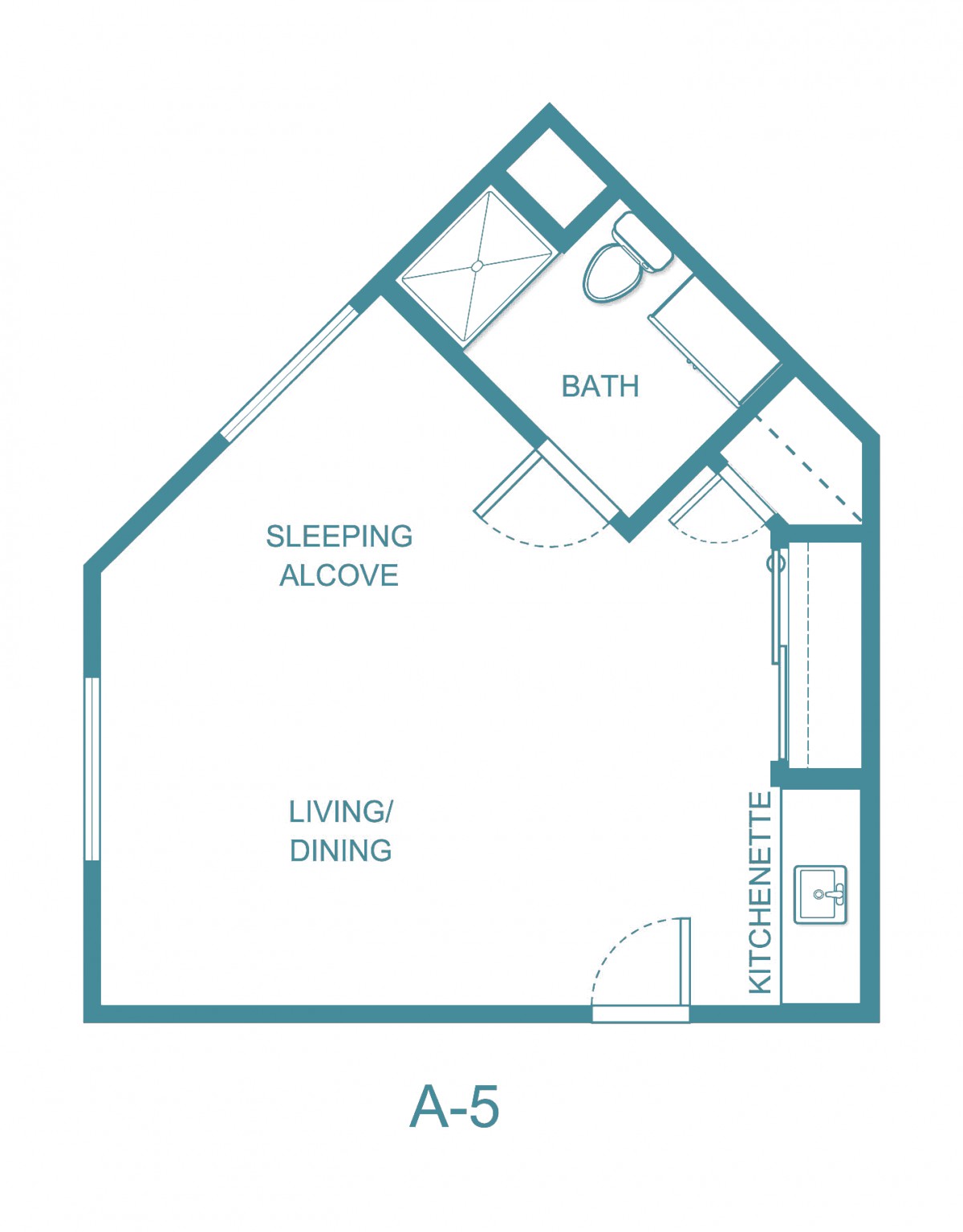A floor plan of a studio apartment with a sleeping alcove, living/dining area, kitchenette, and bathroom.