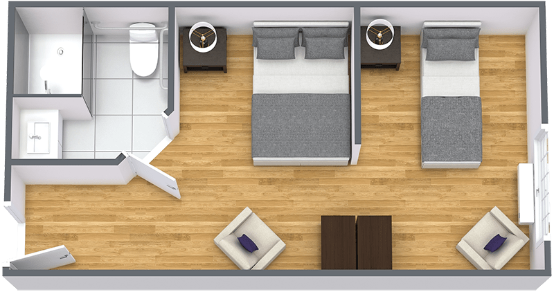 Top view floor plan of a minimalist bedroom with adjacent bathroom.