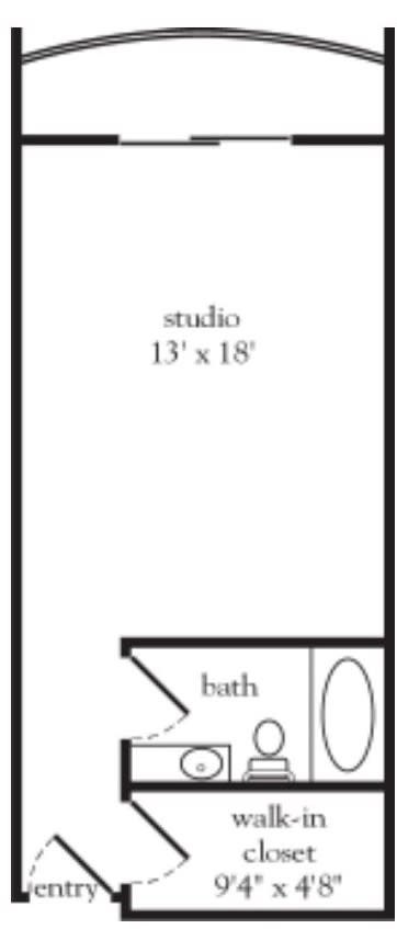 A minimal floor plan of a studio measuring 13 by 18 feet.
