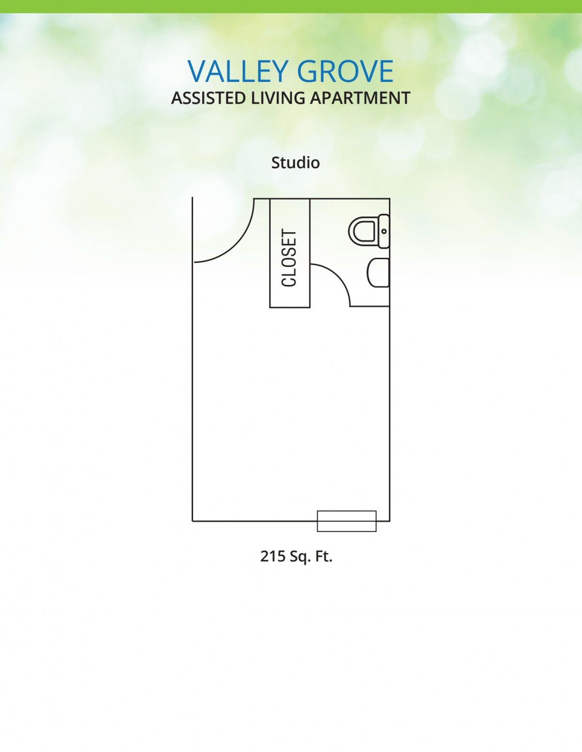 Floor plan of an assisted living studio apartment.
