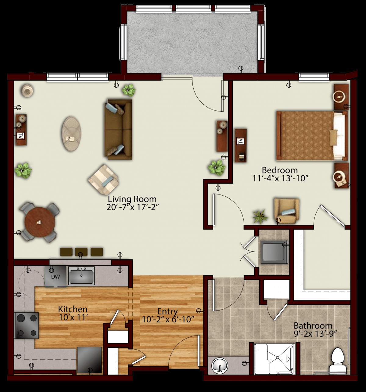 This image shows a floor plan of a one-bedroom apartment with a living room, kitchen, bathroom, and balcony.