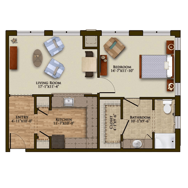 This image depicts a floor plan of an apartment, showing a layout that includes a living room, kitchen, bedroom, and bathroom.