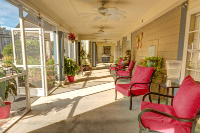 A sunlit porch with red-cushioned chairs and various potted plants.