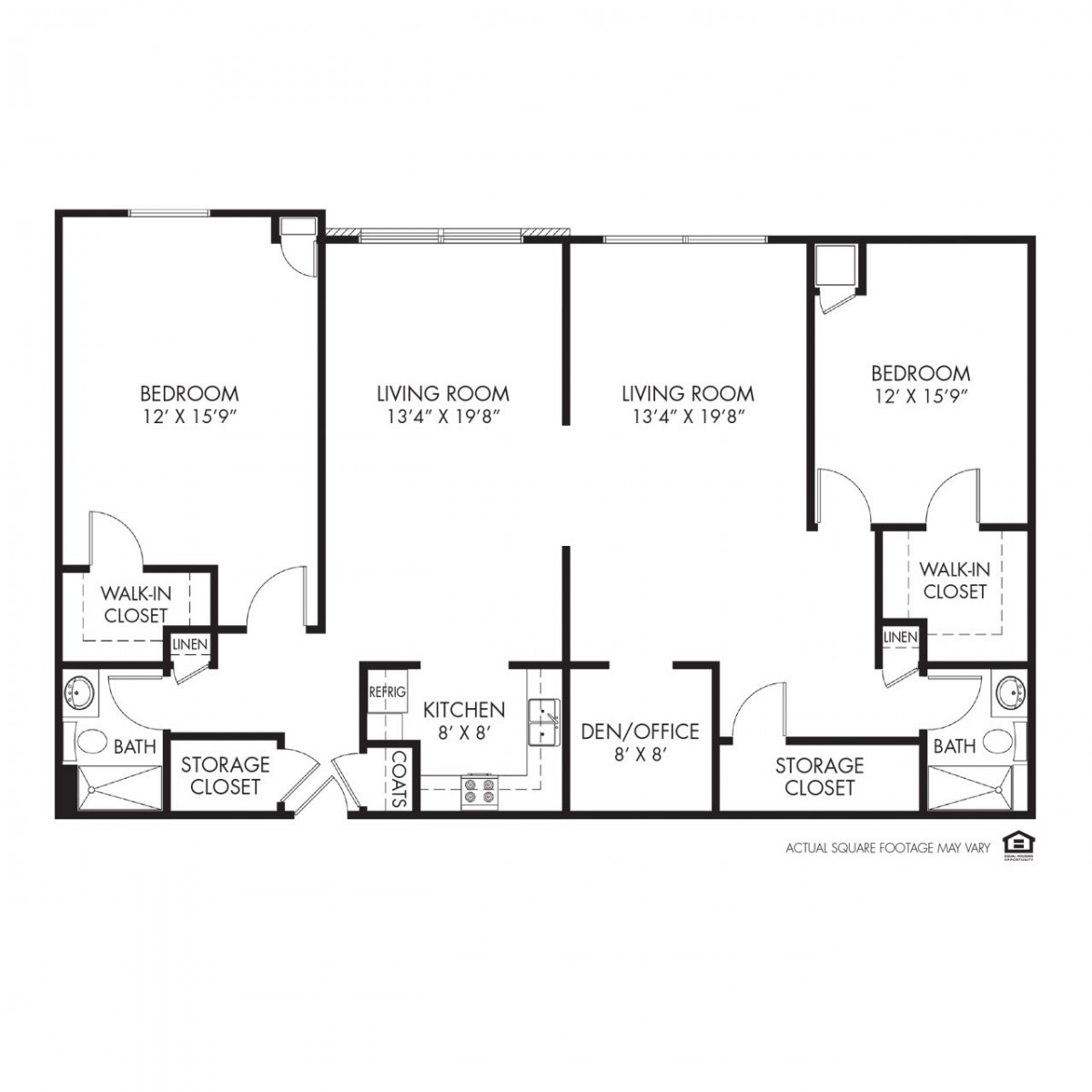 Floor plan of an apartment showing three bedrooms, two bathrooms, and living areas.