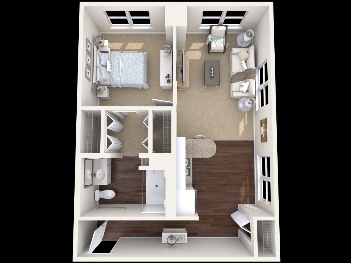 A 3D rendered floor plan of a one-bedroom apartment, showcasing the layout of a bedroom, bathroom, living room, and kitchen.