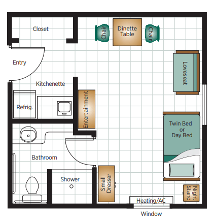 A floor plan of a one-bedroom apartment showing the layout of furniture and designated areas.