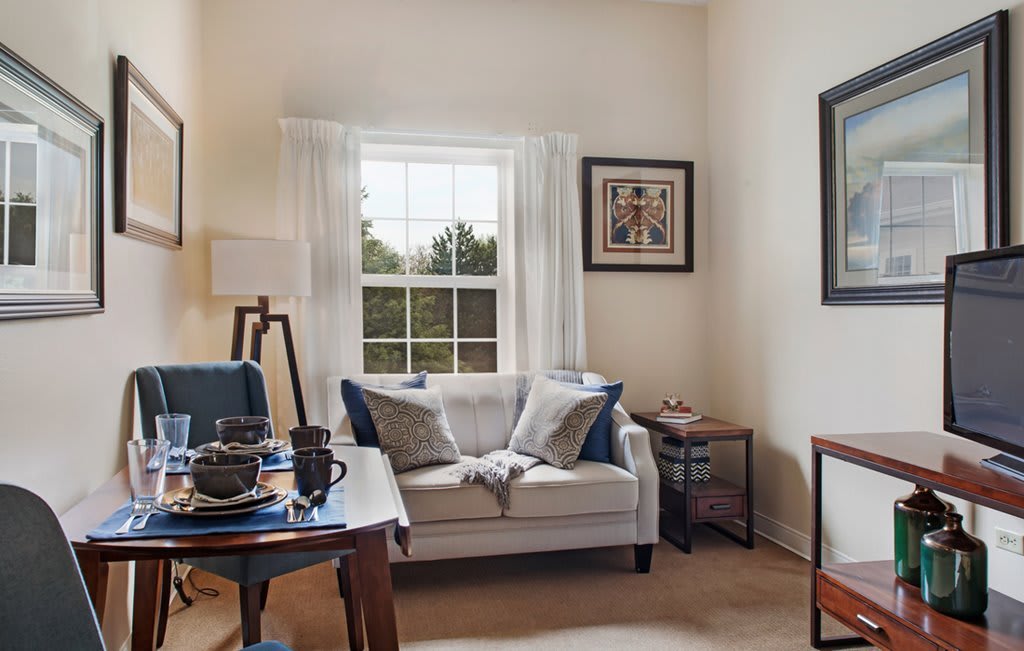 Cozy living room with a sofa, coffee table, and a window allowing natural light in.