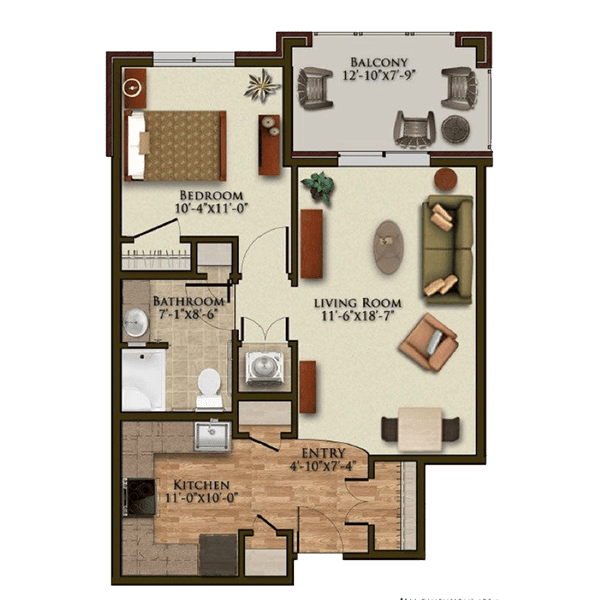 A one-bedroom apartment floor plan with a living room, dining area, kitchen, and bathroom.
