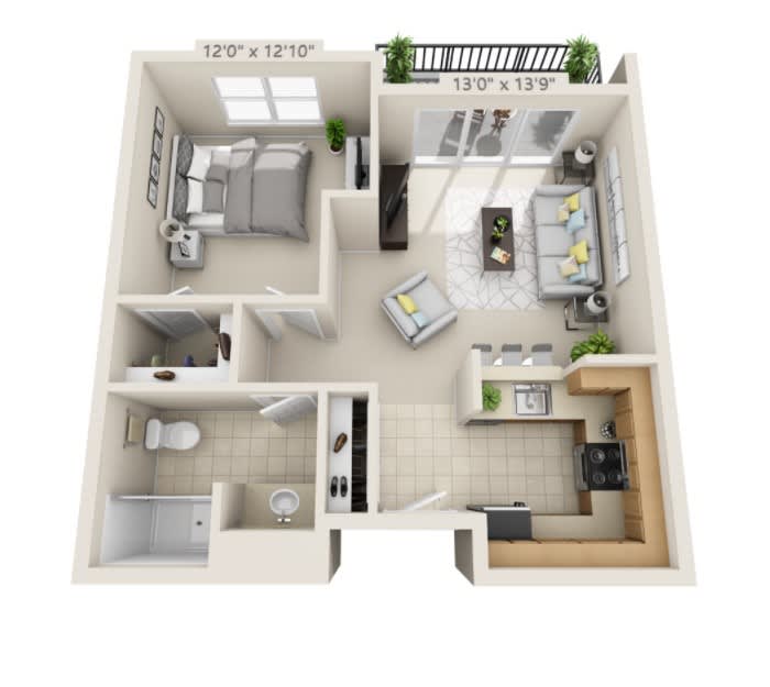 A detailed 3D floor plan of a one-bedroom apartment featuring a living room, kitchen, and bathroom.