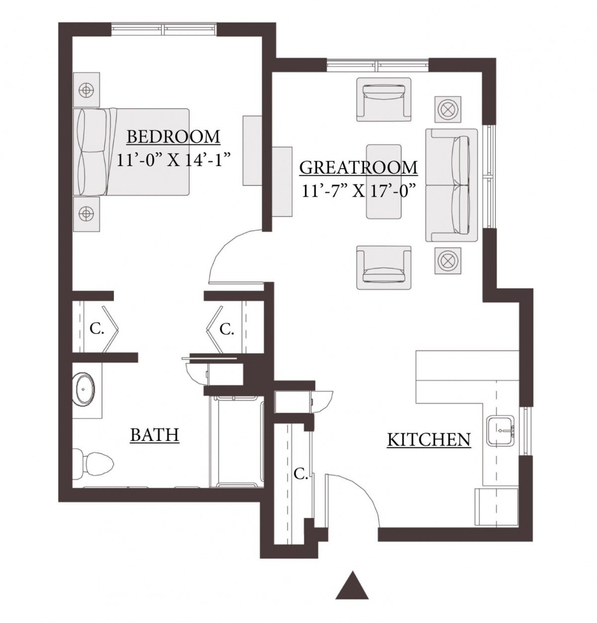 A floor plan of a one-bedroom apartment featuring a great room, kitchen, and bathroom.