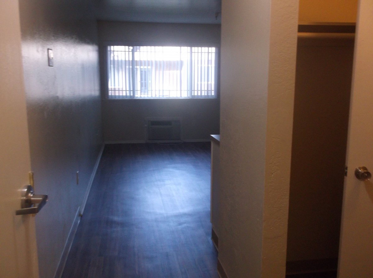 An empty apartment hallway with large windows and dark flooring.