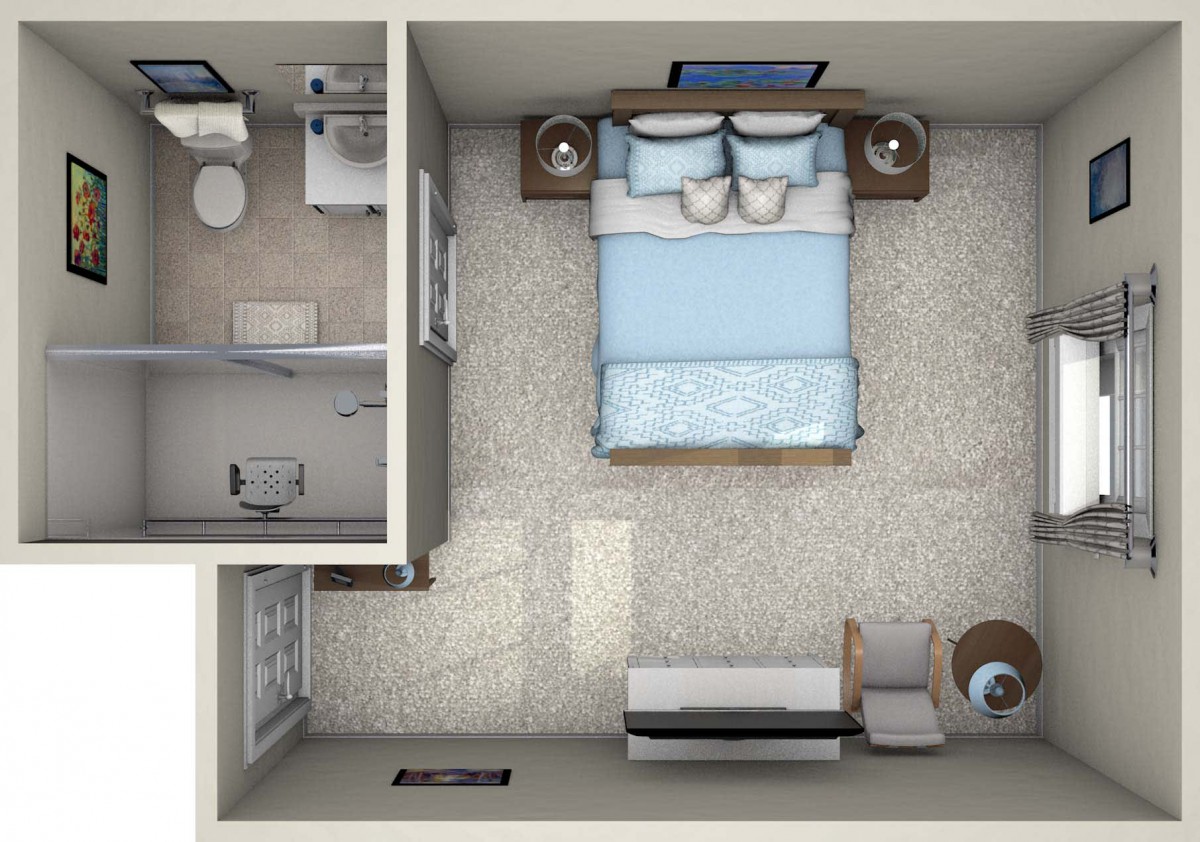 A top view of a floor plan showing a bedroom with adjacent bathroom, featuring a bed, bedside tables, and seating area.