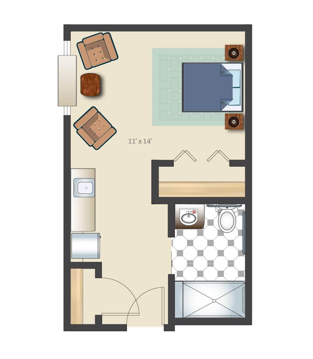 A studio apartment floor plan with a kitchen, bathroom, and living area.