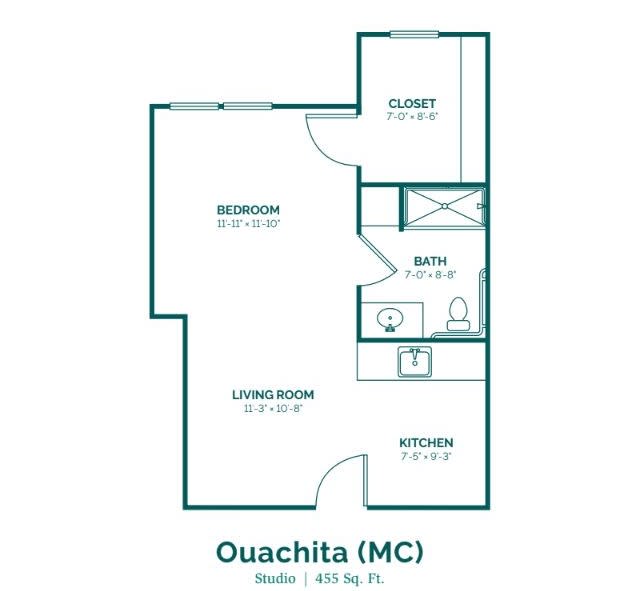 Floor plan of a one-bedroom apartment named Ouachita, featuring a kitchen, living room, bedroom, bath, and closet.