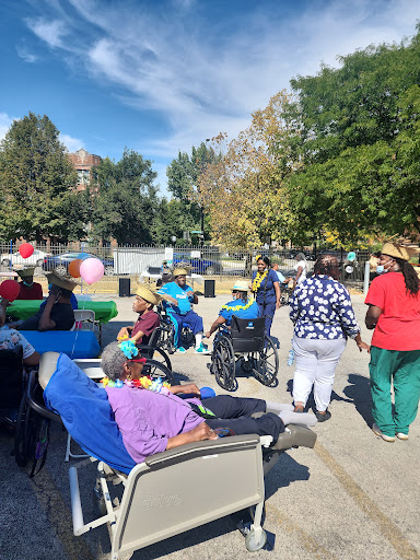 Seniors enjoying a community gathering at the park on a beautiful autumn day.