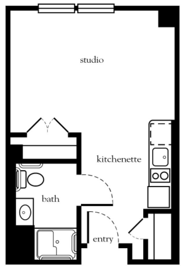 A floor plan of a studio apartment featuring a bathroom and kitchenette.