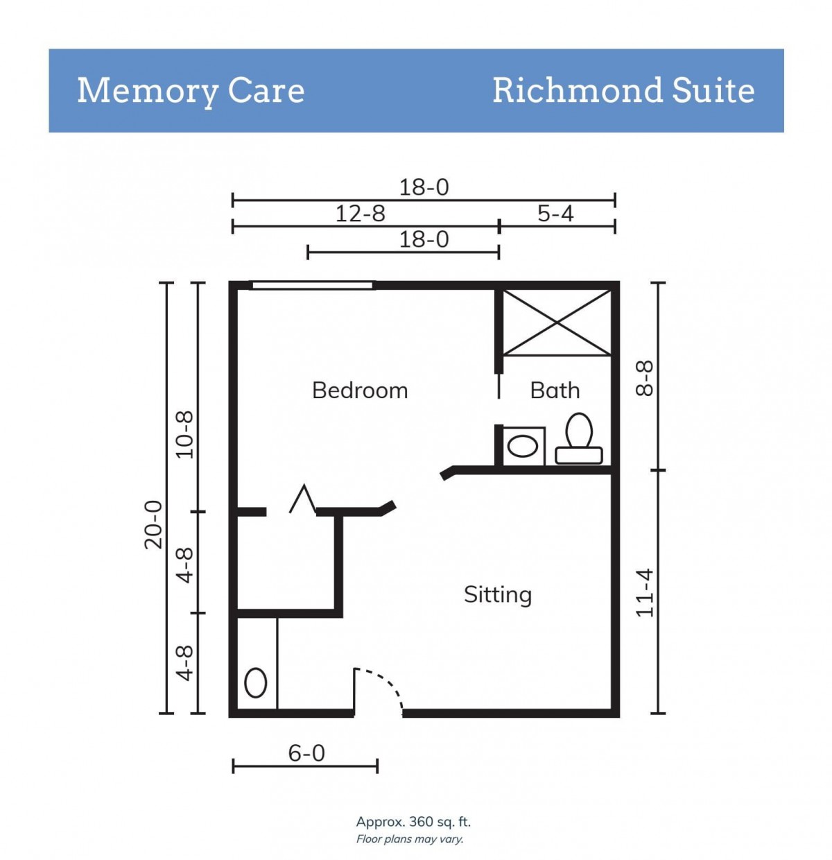 Blueprint of a Memory Care Richmond Suite with room measurements and layout.