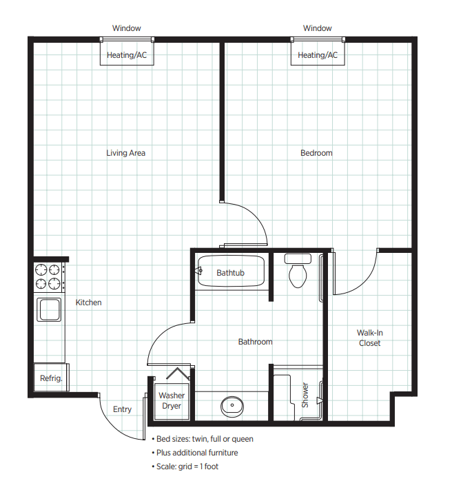 A floor plan of a one-bedroom apartment, featuring a living room, kitchen, bathroom, closet, and balcony.