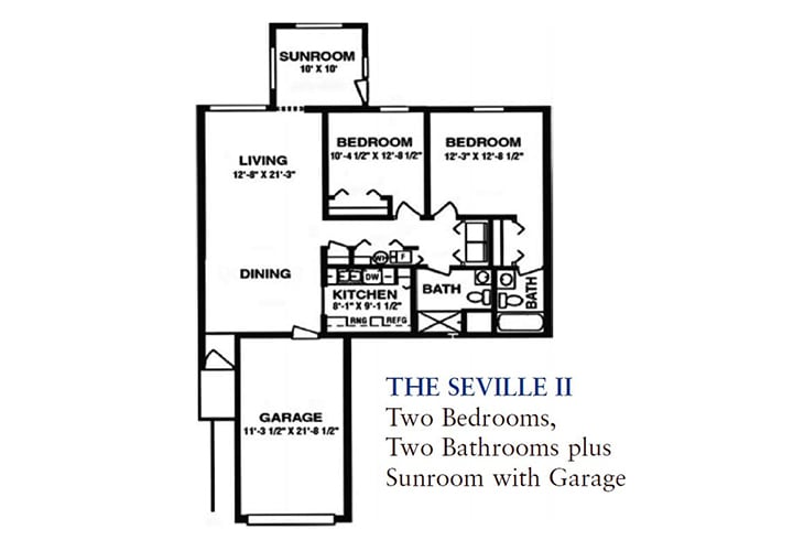 Floor plan of The Seville II: Two bedrooms, two bathrooms, sunroom with garage.