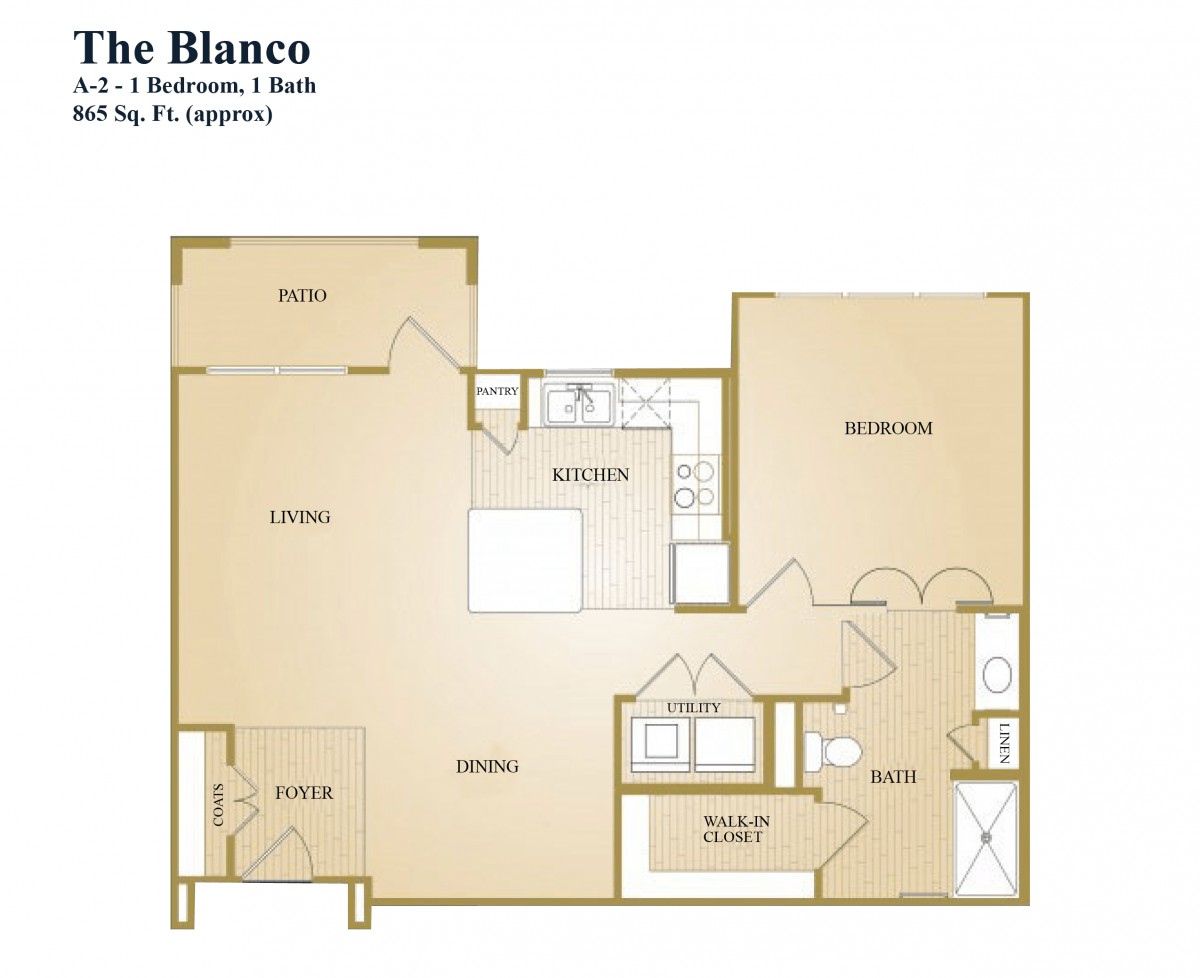 Floor plan of 'The Blanco' - a two-bedroom, one-bath apartment layout.