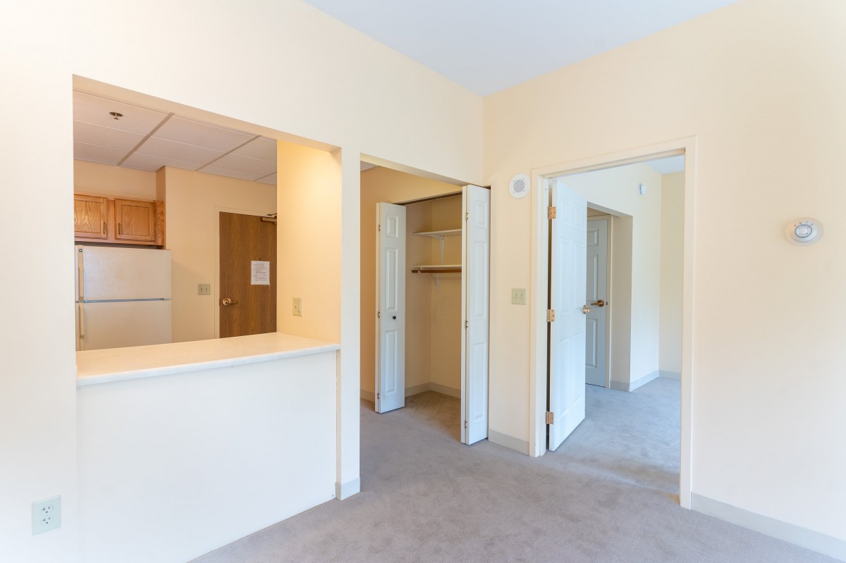 A view of an apartment interior featuring an open floor plan with a kitchen area, closets, and neutral color scheme.